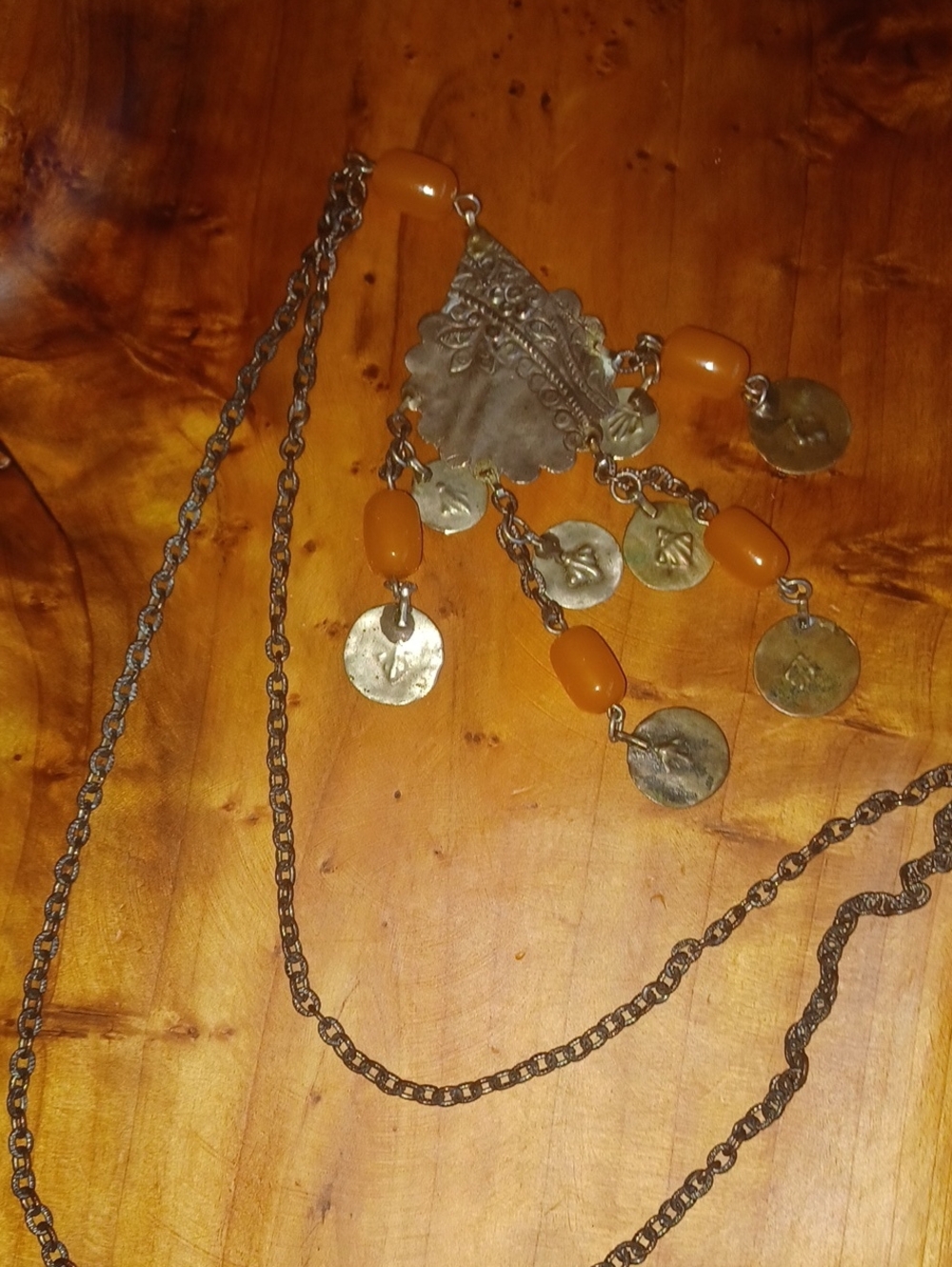 Vintage 1970s Tribal Coin & Tested Butterscotch Bakelite Bead Necklace Boho Moro